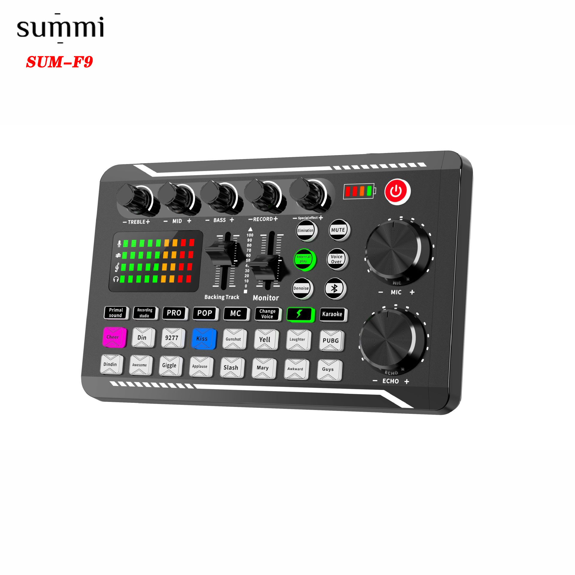 SUM-F9 оптовая продажа с фабрики Профессиональный Live звуковая карта со светодиодной подсветкой поддержка BT4.0 аудио шумоподавление смеситель