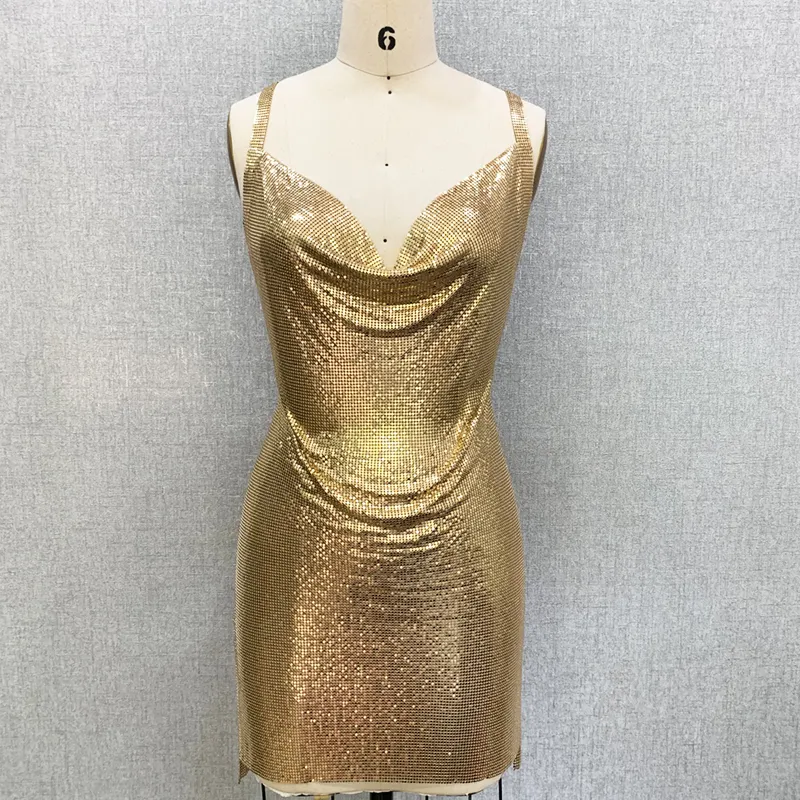 Sexy Clubwear Bling Bling Metallic Gold Sequin Women Backless Mini Metal Mesh Chainmail Dress