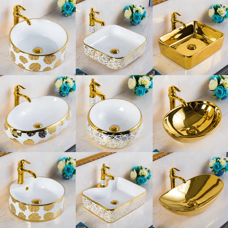 Chaozhou modern design bathroom round circular face basin with faucet hole luxury gold electroplating wash basin