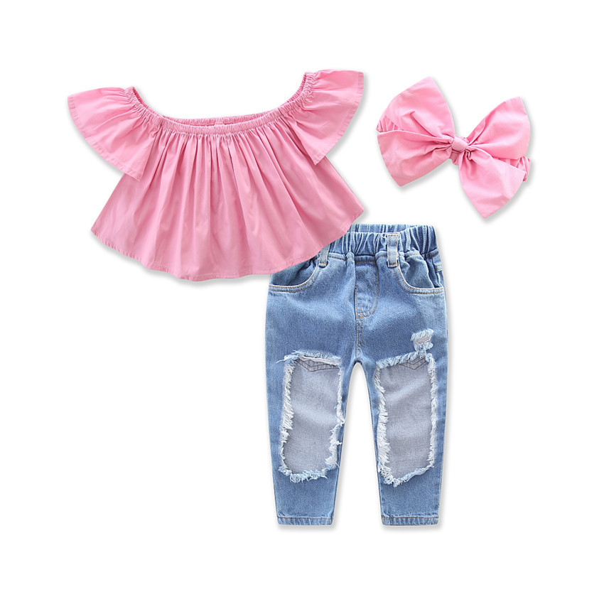 Children Summer Clothes Pink Off Shoulder Crop Top+ Headband + Ripped Jeans 3pcs Fashion Kid Girl Outfit Toddler Distressed Jean