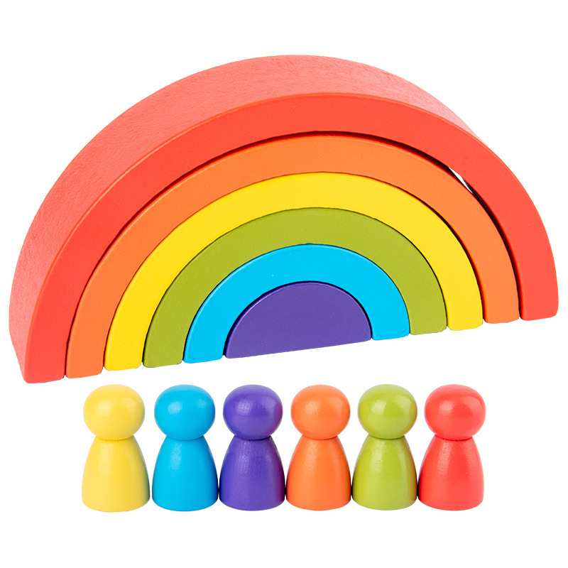 Montessori wooden rainbow doll combination building block