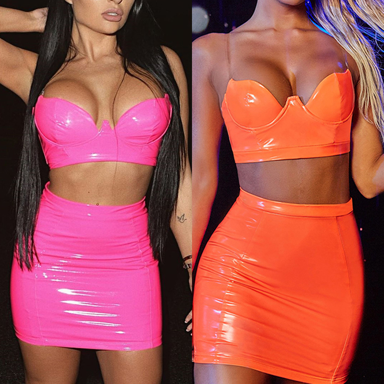 Fashion Women Crop Tops PU Leather 2 Piece Sets Skirt Suits Bodycon Two Piece Skirts Set
