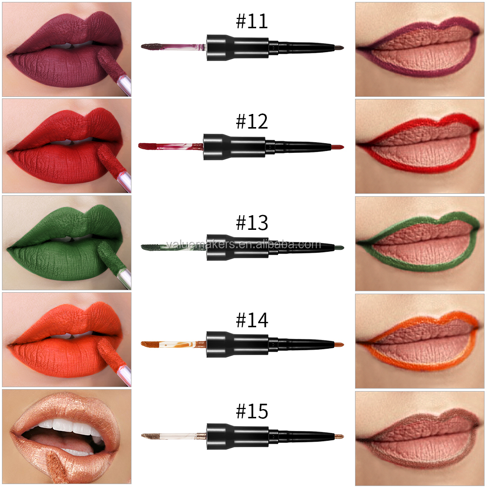 HOT! 2 in 1 Lipgloss 15 shades Matte Lip Gloss Liquid Lipstick Lip Liner Pen Lipliner Pencil Private Label Lip Stick waterproof