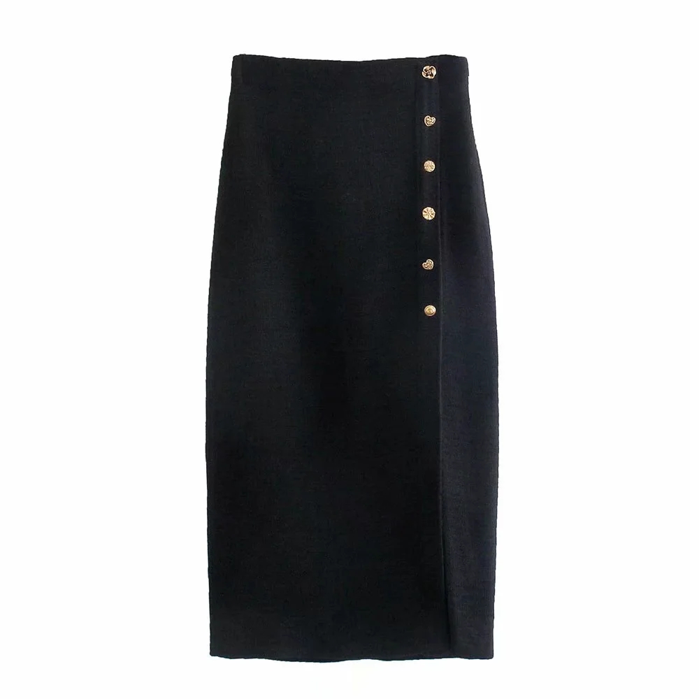 Black color side buttons and slit ladies beautiful fashion long skirt