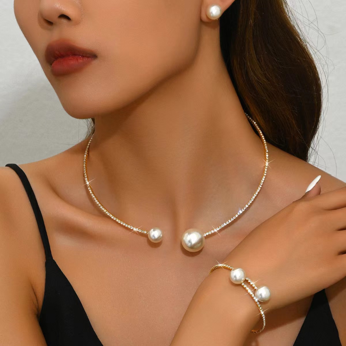 fashion Minimalist rhinestone pearl bridal jewelry necklaces earrings bracelet Wedding dress accessories