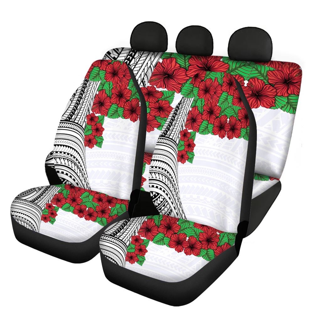 Cute Car Seat Covers Hibiscus Flowers Pattern Polynesian Traditional Front Full Set Vehicle Protector Mat
