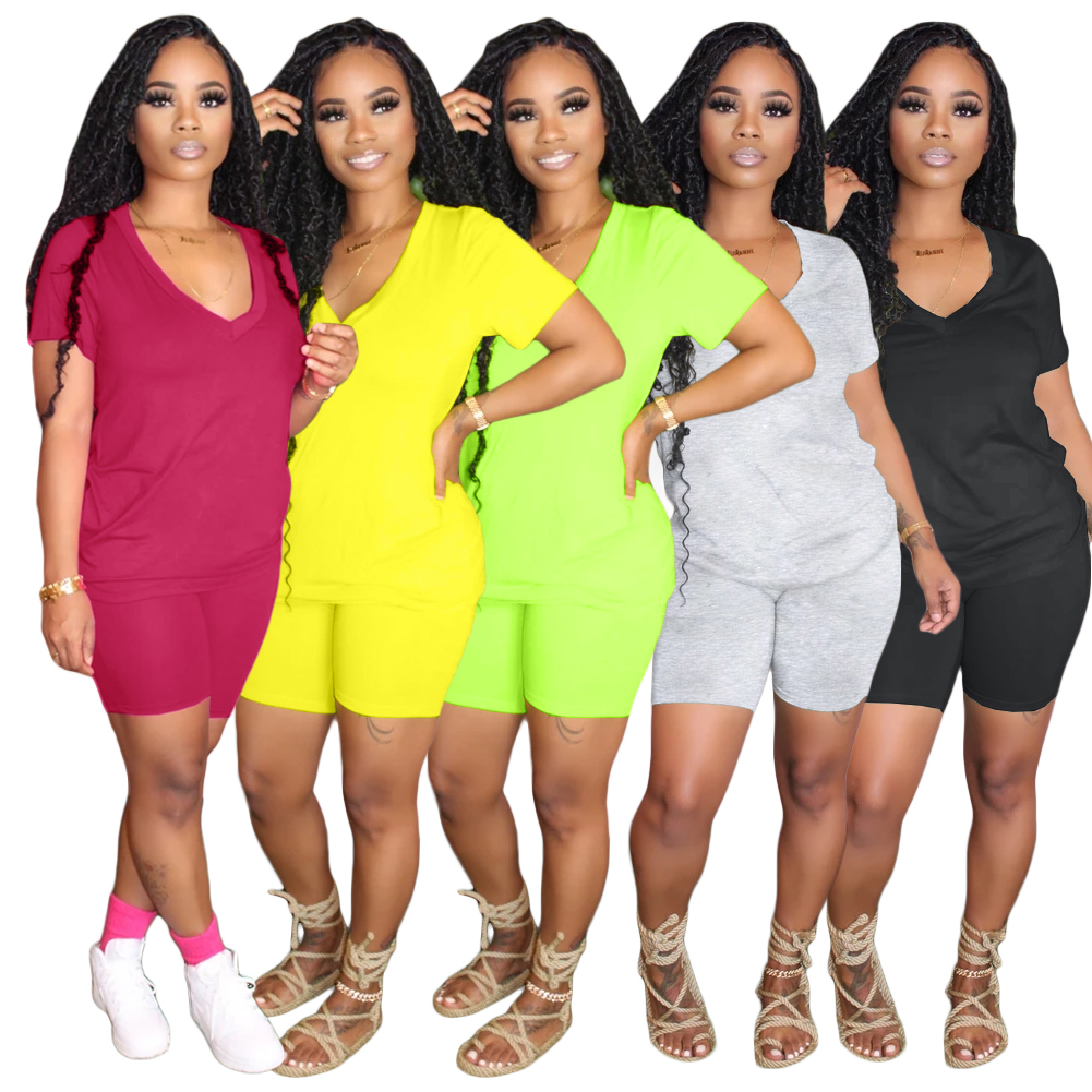 Hot Sale Soild V Neck Casual Cotton Women Outfit Clothing Two Pieces Shorts Set