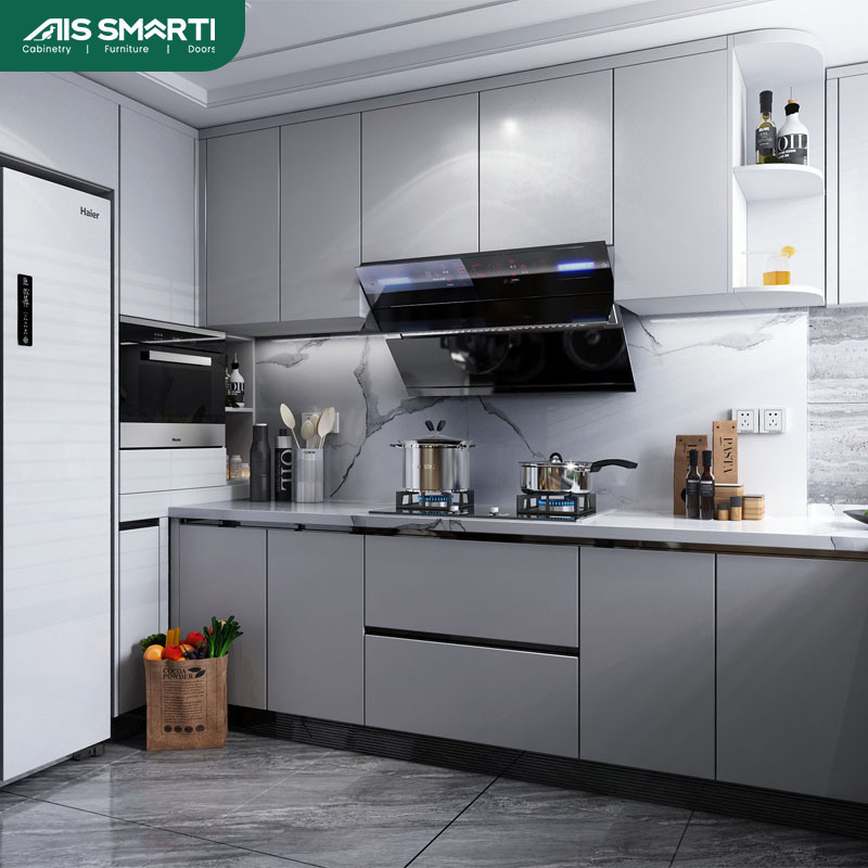 Modern High Quality Grey Kitchen Cabinet Set With White Marble Countertop Stove Refrigerator Kitchen Cabinet Design