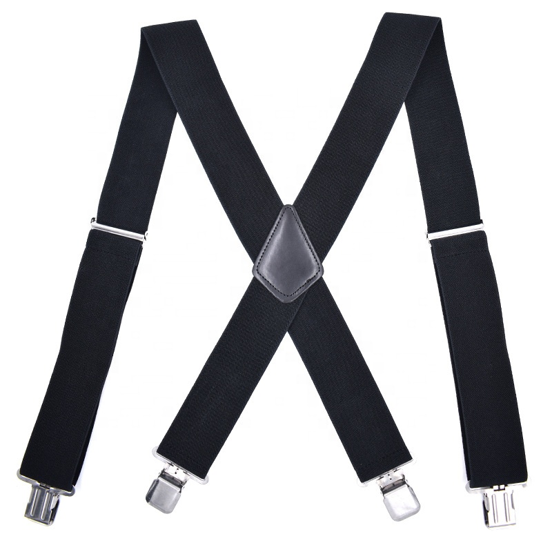 2 Inch Heavy Duty Clip Asjustable Elastic Wide X-Back Solid Black Men Suspender for Work
