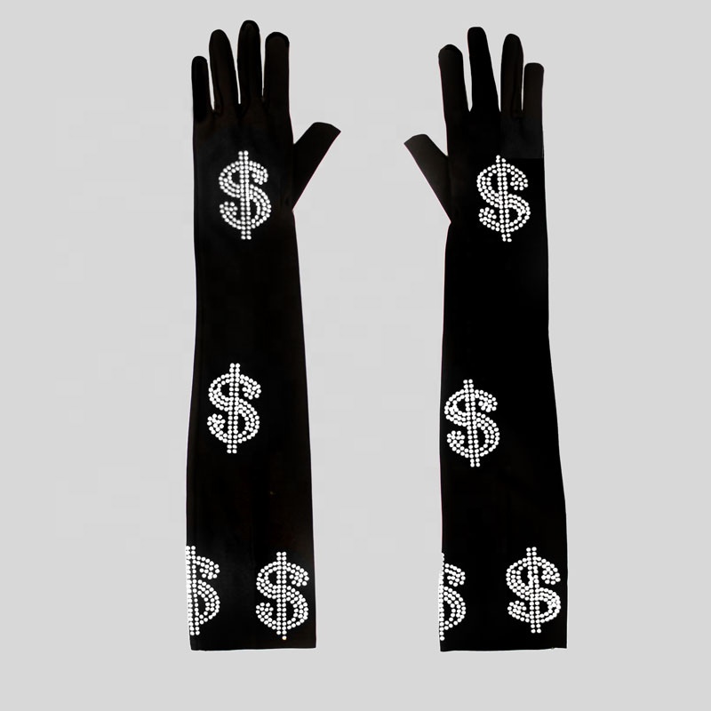 women Ins Hot Black Rhinestones White Letter Dollar long Gloves Diamonds performance show satin opera length gloves Mittens $