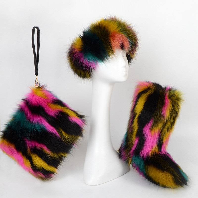 Premium Quality Women Winter Colorful Fur Boots With Fashion Fur Purse And Headband