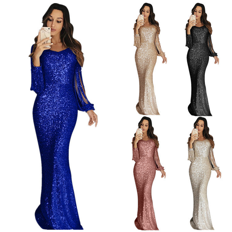 Washable V-neck Vintage Long Elegant Party Women Tassel 2021 Sleeve Formal Gowns Dinner Luxury Evening Dresses With Sequined