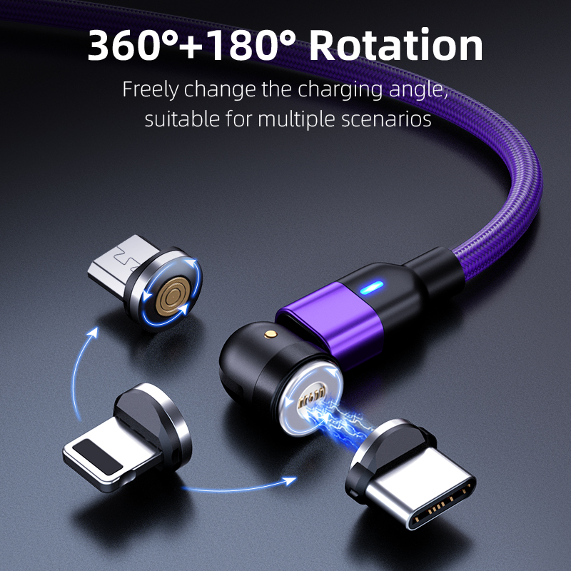 Оптовая продажа 540 градусов вращающийся 3A Быстрая зарядка Магнитный USB кабель Поддержка QC3.0 и передача данных 1 м