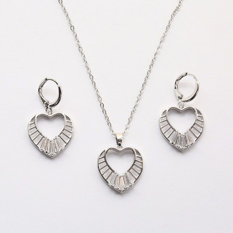 Hainon cheap jewelry set stud earring necklace Hollow heart white crystal 925 silver plated jewelry set wholesale
