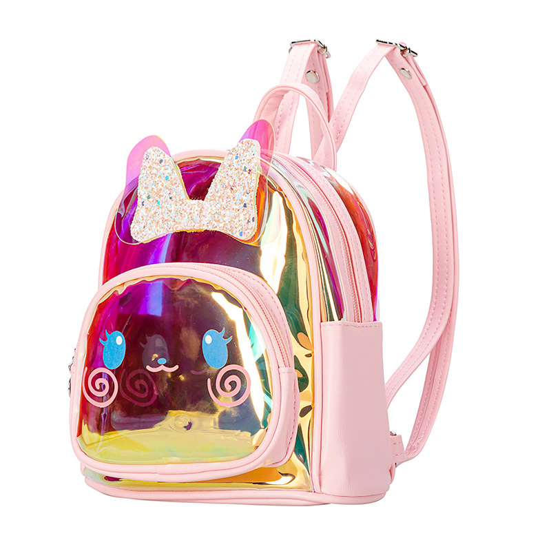 Kids transparent laser cute cartoon pink rabbit school backpack bags set for children