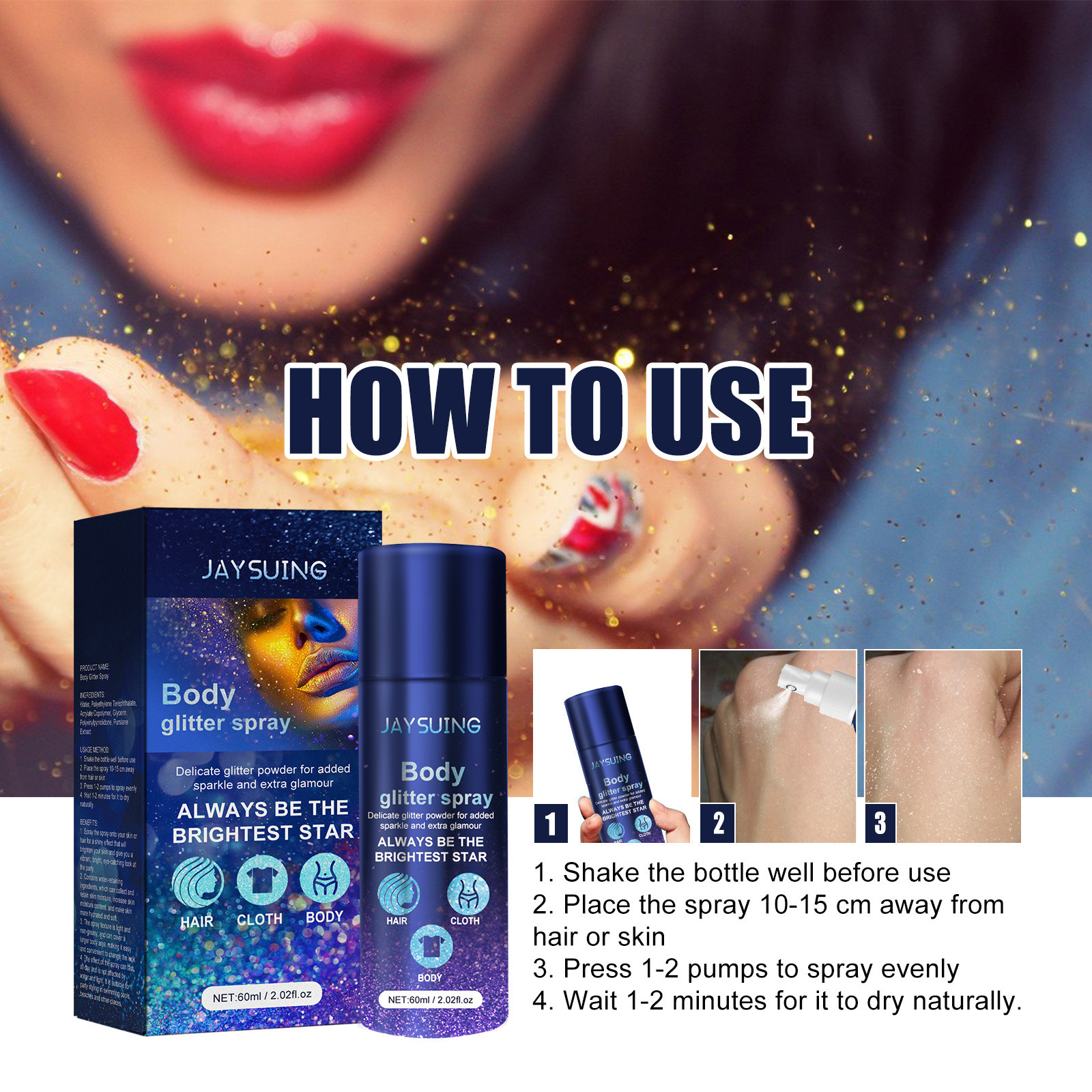 High Quality Low Price Jaysuing Body Glow Sparkle Long Lasting Waterproof Makeup Body Glitter Spray