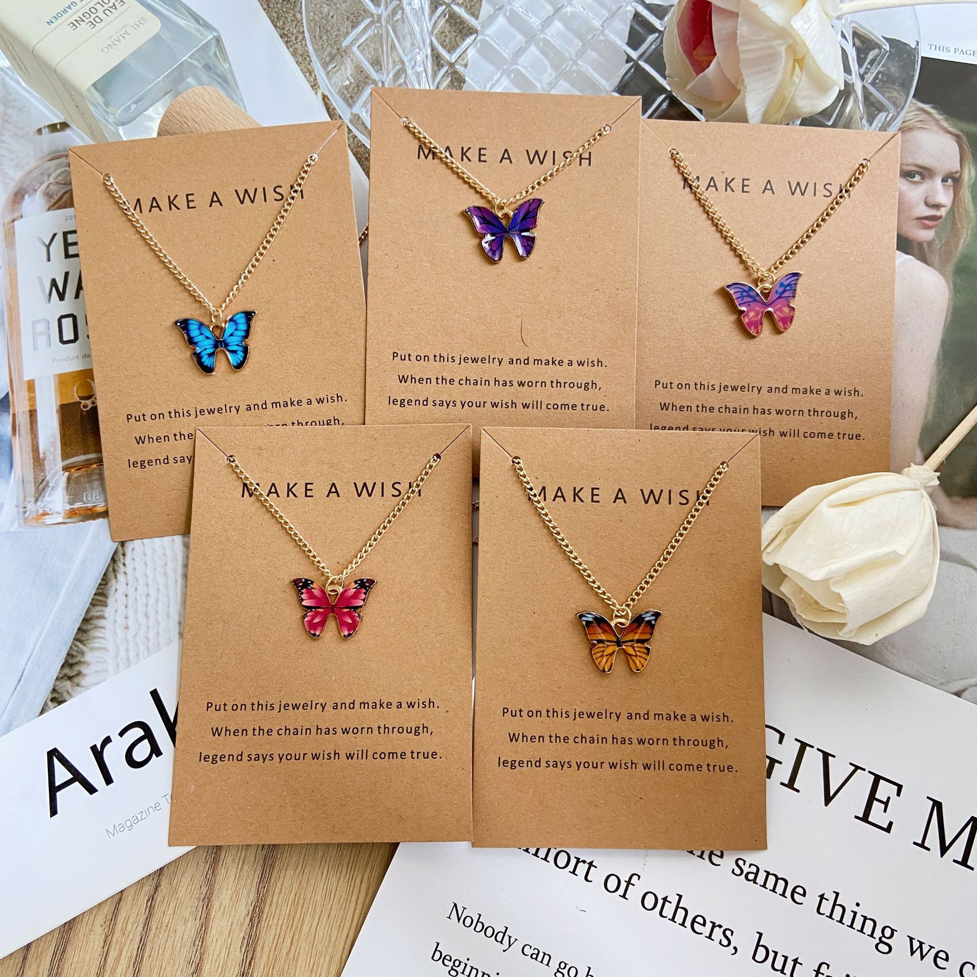 2021 HOT SALE Best Wishes Gold Plated Enamel Butterfly Charm Choker Necklace Make a wish Memory Card Animal choker necklaces