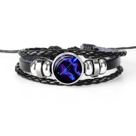 12 Zodiac Sign Black Braided Leather Bracelet Cancer Leo Virgo Libra Woven Glass Dome Jewelry Punk Men Bracelet