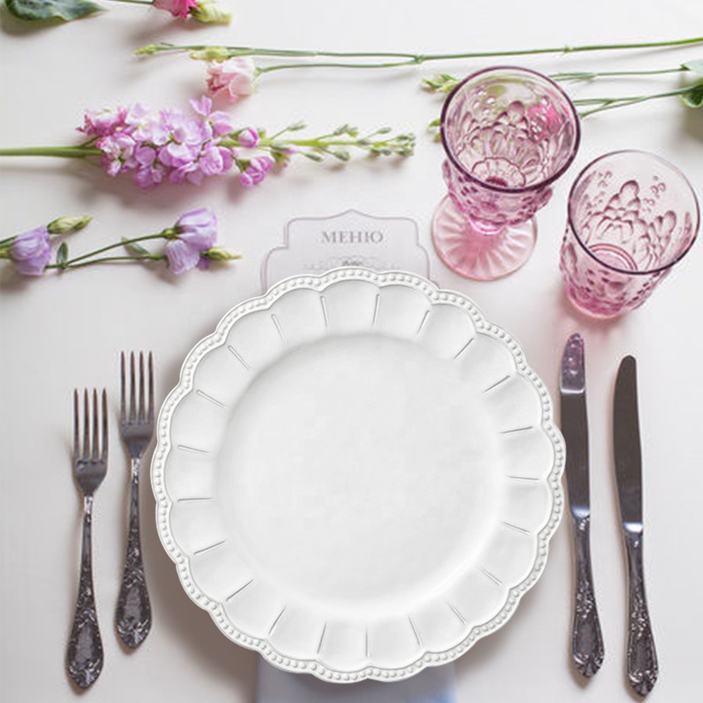 Wholesale 13 inch embossed serving dishes set ceramic white ceramic plate charger