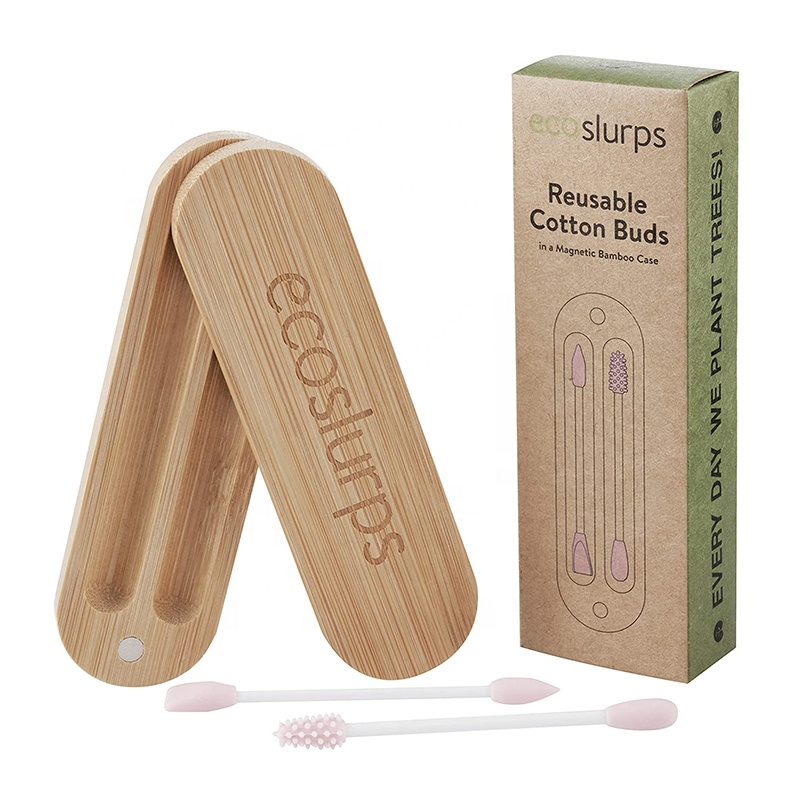 100% Natural New Style Bamboo Product Reusable Silicone Cotton Swab Buds In Bamboo Storage Box