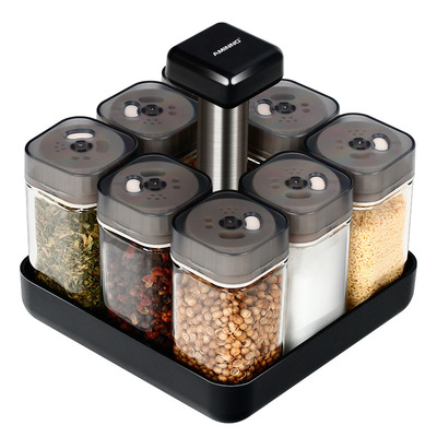 Hot Sell Creative Rotating Square Design Glass Seasoning Jar Set with Premium Rack