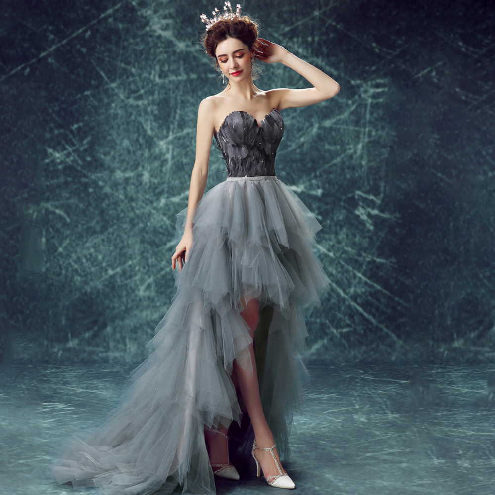 Vintage Black Swan Evening Ball Gown Dress Feathers Bandeau High-Low Dress Ruffled Wedding Party Lace Prom Dress