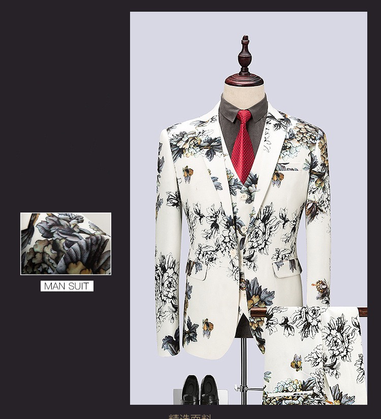 Amazon Hot Sale Flower Printed Groom Coat Vest Pant Men's Classic Formal Suit for Wedding