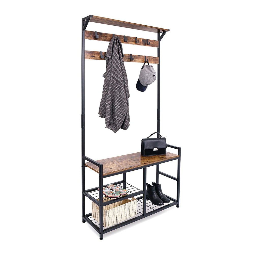 Storage Cabinet Shoe Rack Coat Rack Shoe Bench Hall Tree Entryway Storage Bench Wood Look Accent Furniture with Metal Frame
