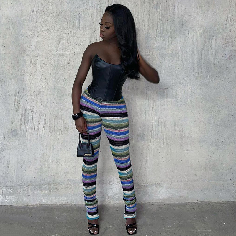 2021 Fashion Breathable Stripe Knit Trousers Women's Plus Size Pants