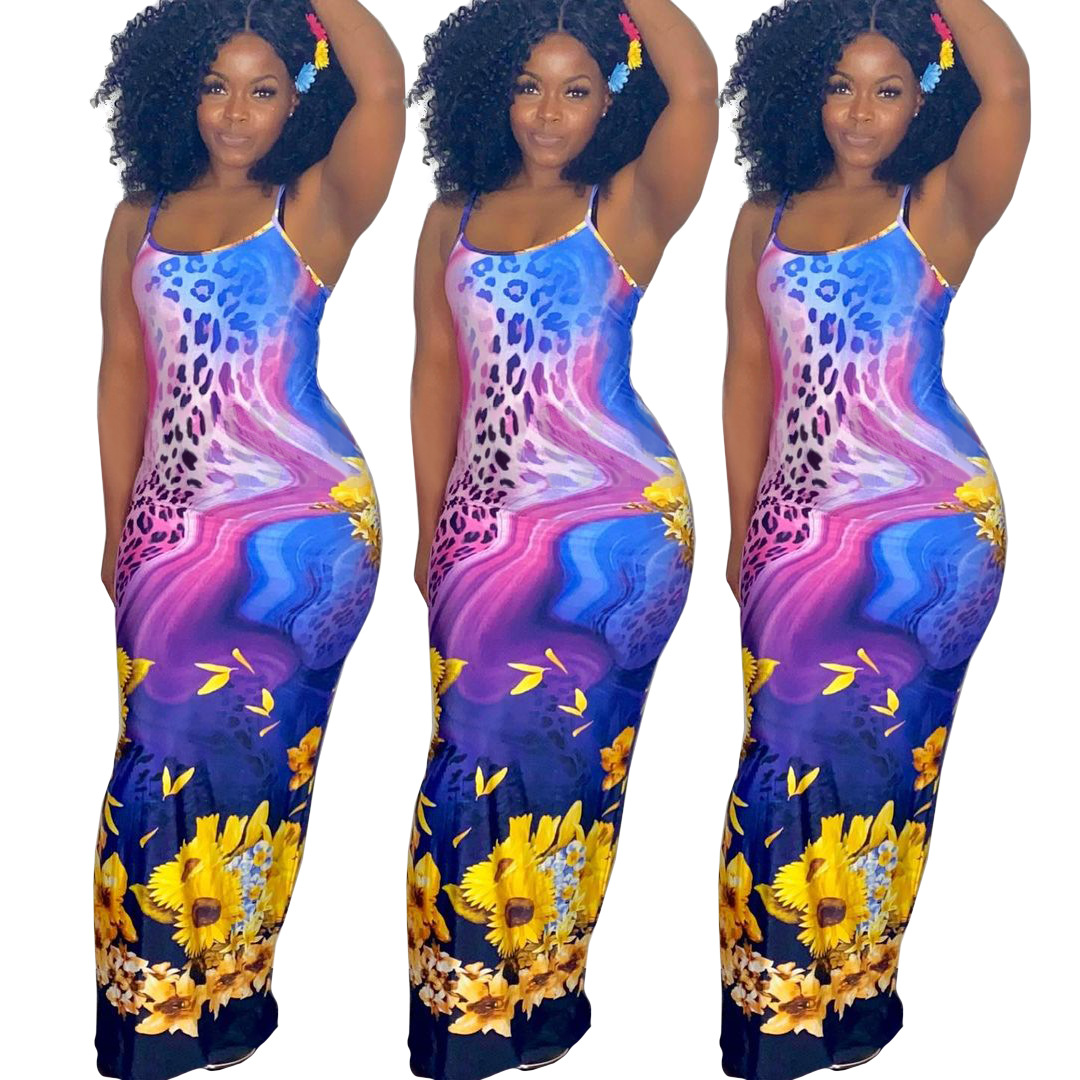 Amazon independent station hot sale Leopard print SUNFLOWER cotton plus size women's clothing Sexy dress