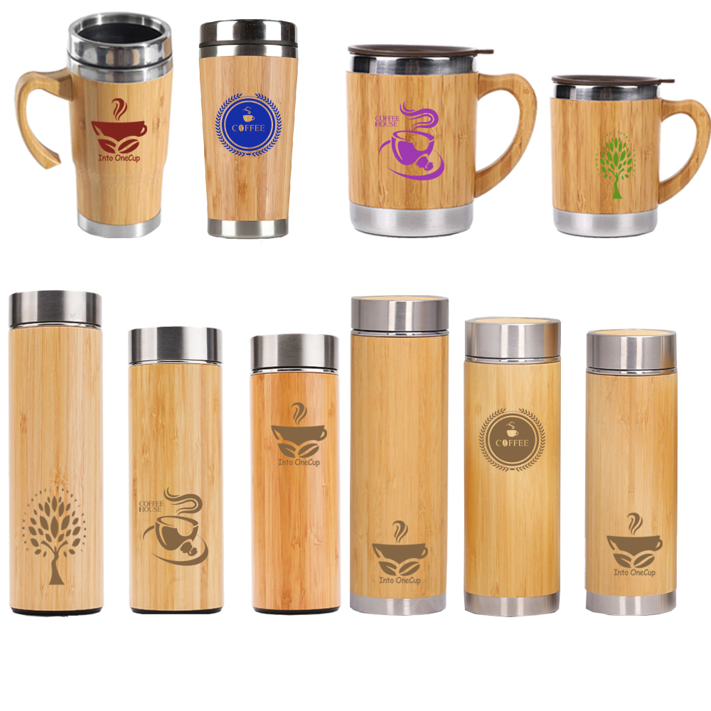 500ml customized bamboo travel custom tumbler mug with bamboo lid handle vacuum insulated stainless steel bottle tea infuser