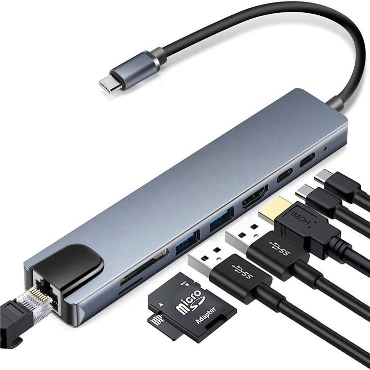 USB C 8 в 1 Тип C концентратор с портом Ethernet, 4K HD, 2 порта USB 3,0, 100 Вт Мощность доставки зарядки