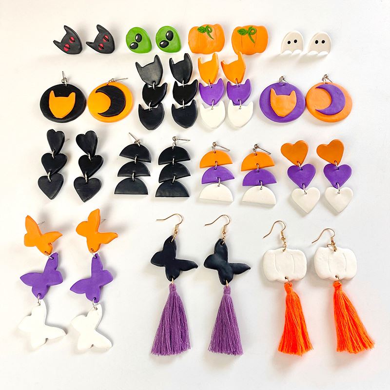 Halloween Summary Soft Pottery Hoop Earrings Alien Butterfly Tassel Love Pumpkin Moon Clay Drop Earrings
