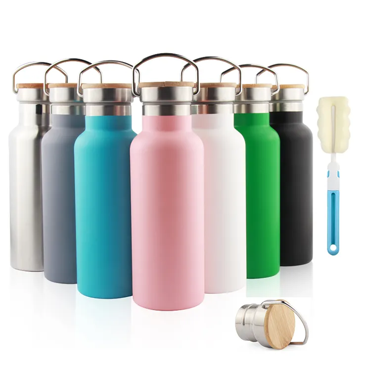Sport Stainless Steel Bamboo Water Bottle double wall insulted vacuum flask with Leak Proof Eco Friendly Bamboo handle lid