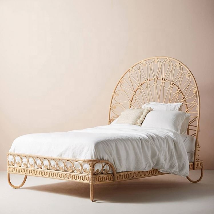 New Design Natural Rattan Bedroom Furniture Set Modern Double Woven Rattan Bed Used For Hotel