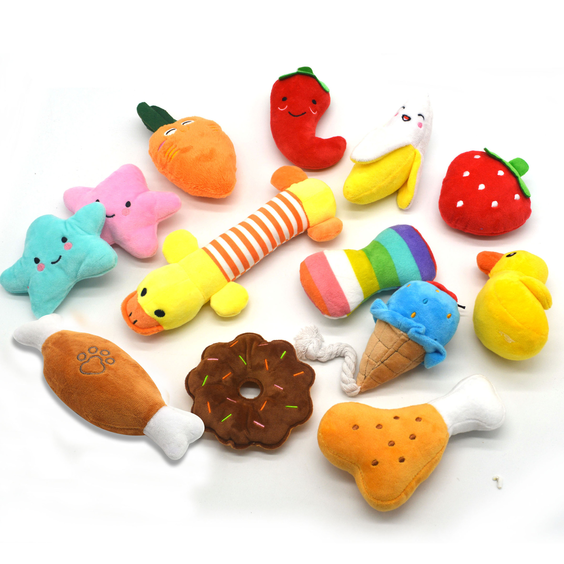 Manufacturer Wholesale Custom Available Multiple Choice Lunch Food Chew Interactive Squeaky Plush Dog Chihuahua Toy Set