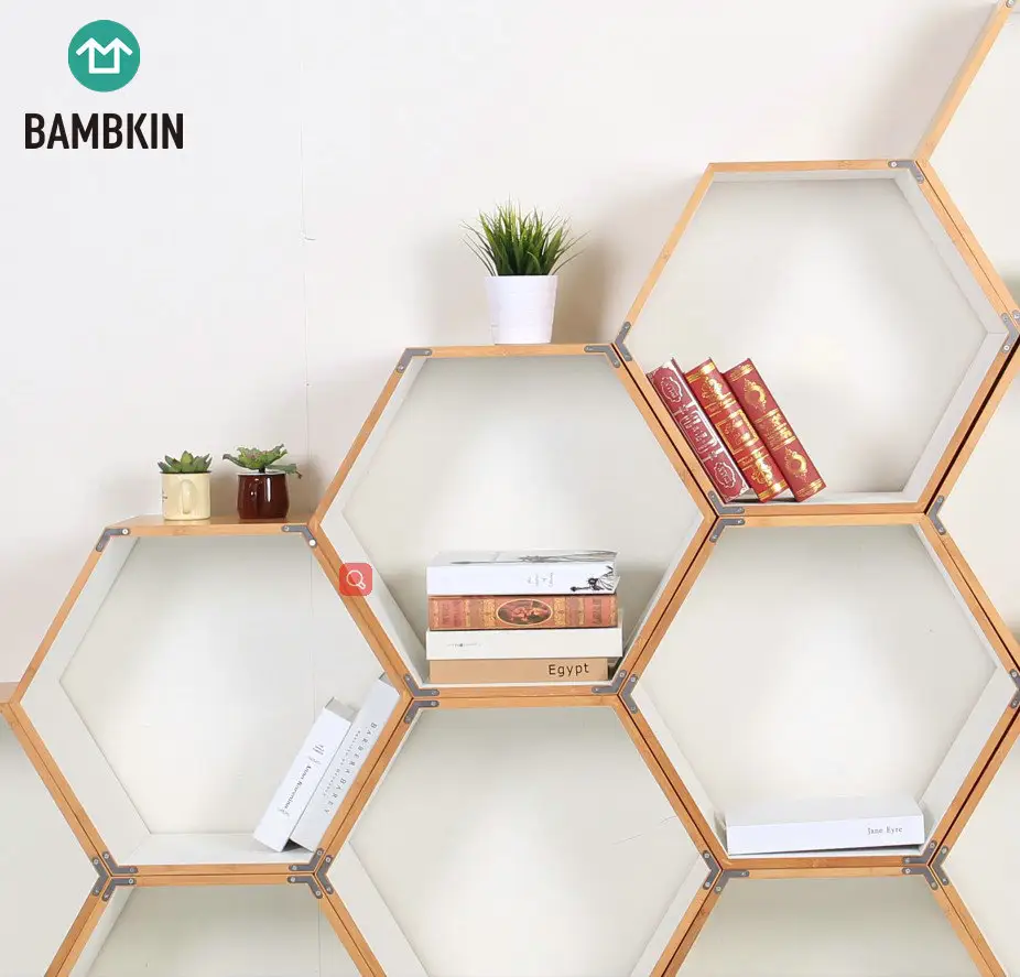 BAMBKIN Hexagonal book rack design bamboo book shelf modern for sale