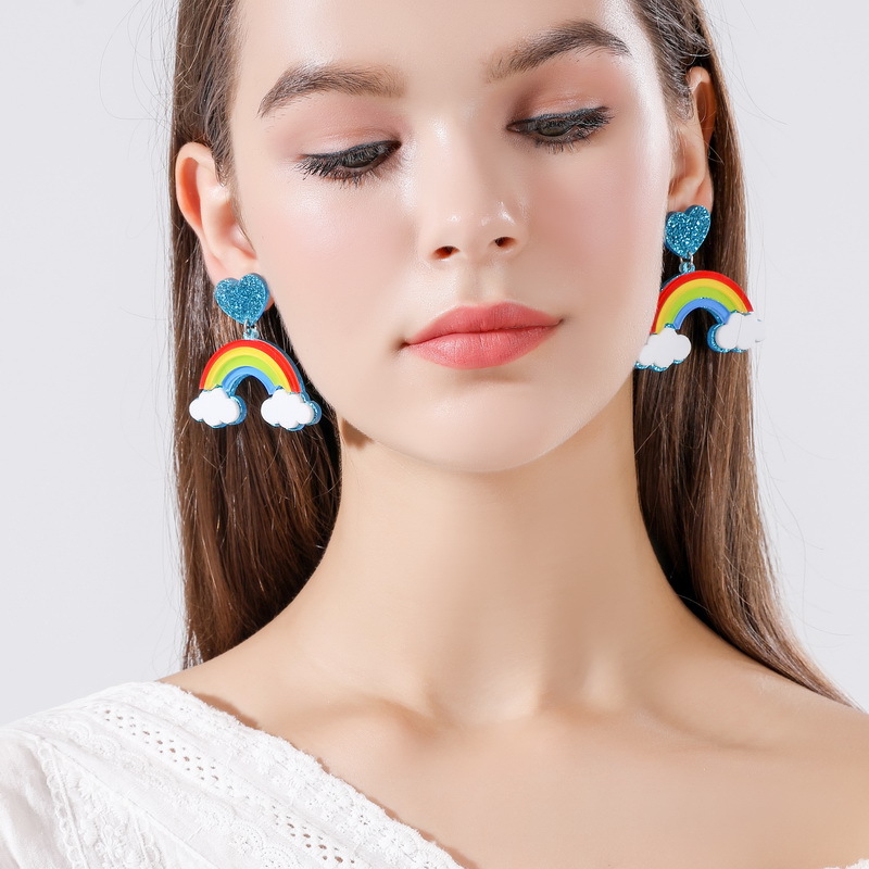Korean earings 2021 new fashion summer statement blue heart rainbow hoop earrings for women girls gift