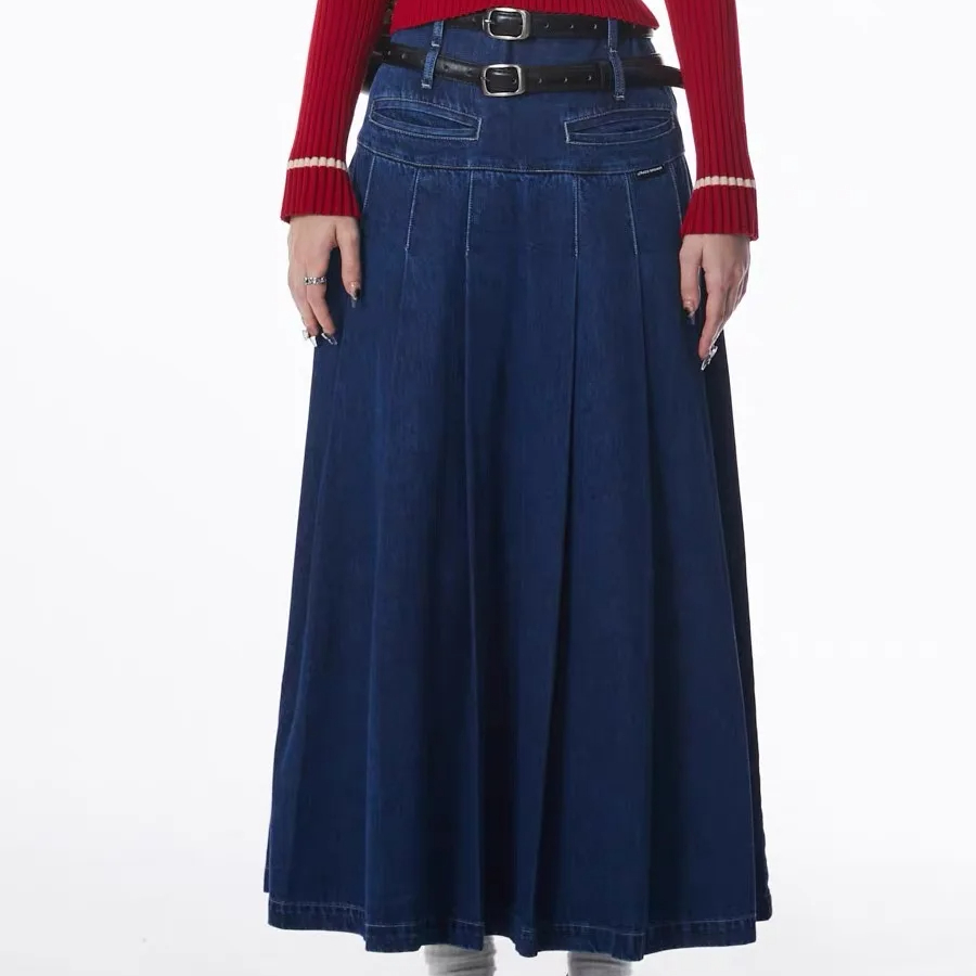 OEM ODM High Rise Dark Blue Denim A-Line College Sweet Pleated Midi Skirt Casual College Style With Embroidered Techniques