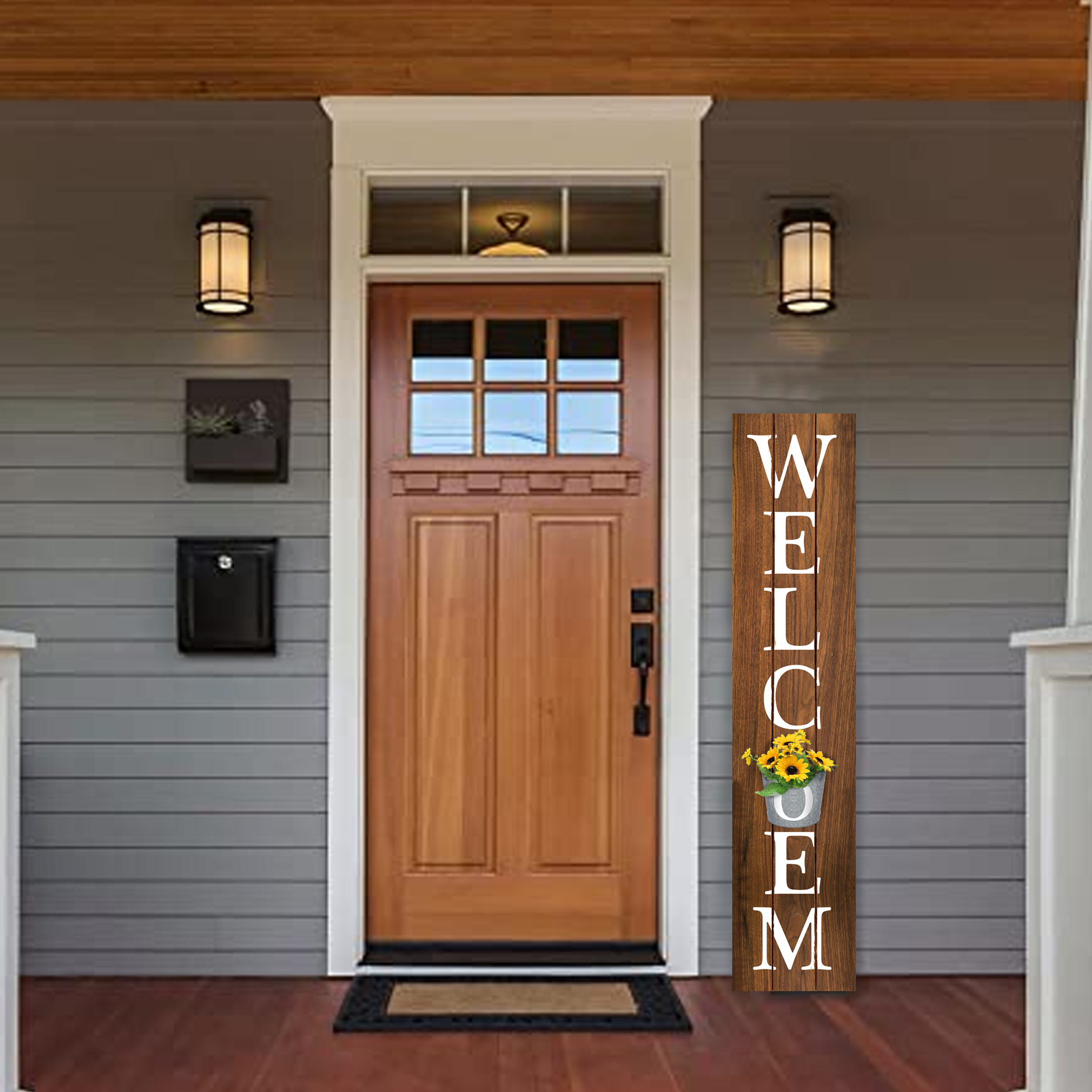 Wooden Plaque with Metal Bucket and Synthetic Flowers - Porch Sign