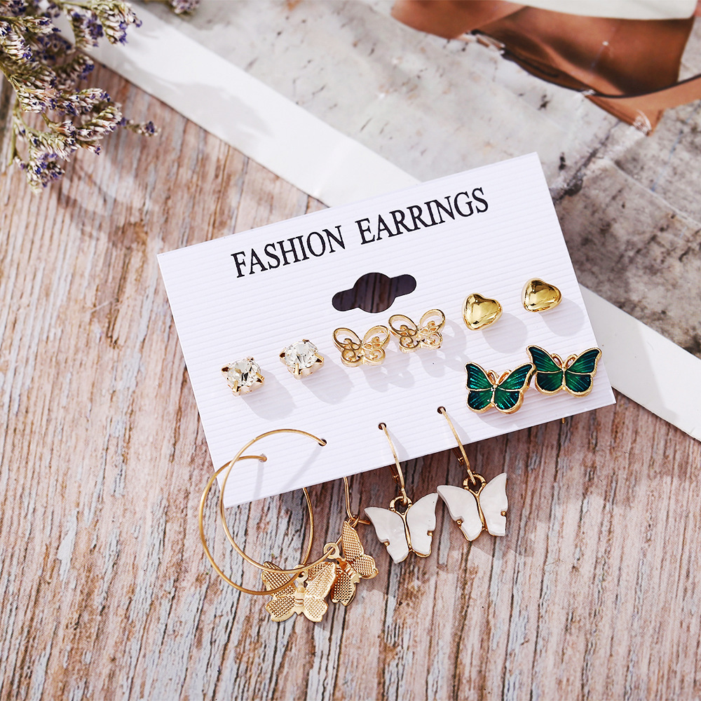 6 pairs earrings New trendy Korean high-grade stud elegant heart butterfly earrings all-matching 6-piece set earrings