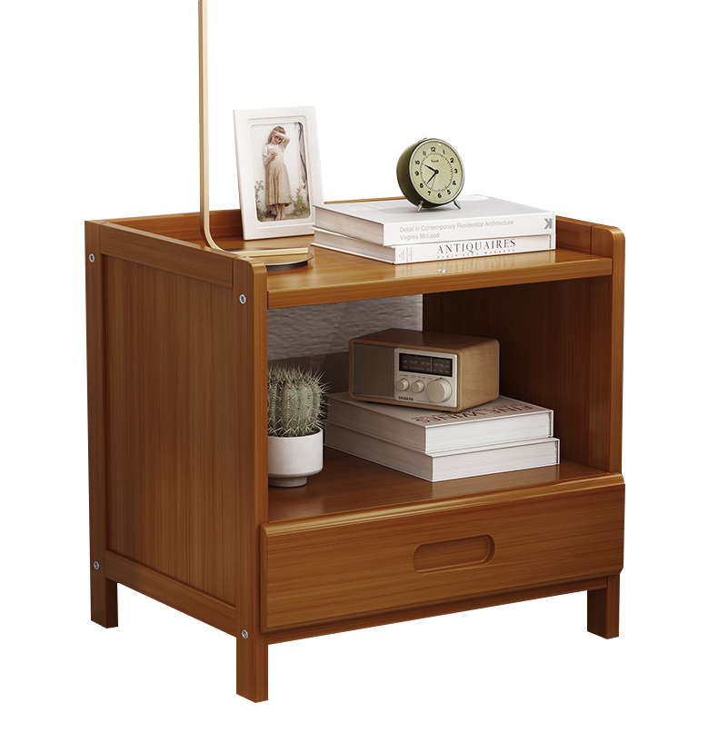 Minimalist Slim Antique Nightstand Nordic Solid Wood Mutifunctional Bedside Table with 3 Drawers and 2 Book Shelf