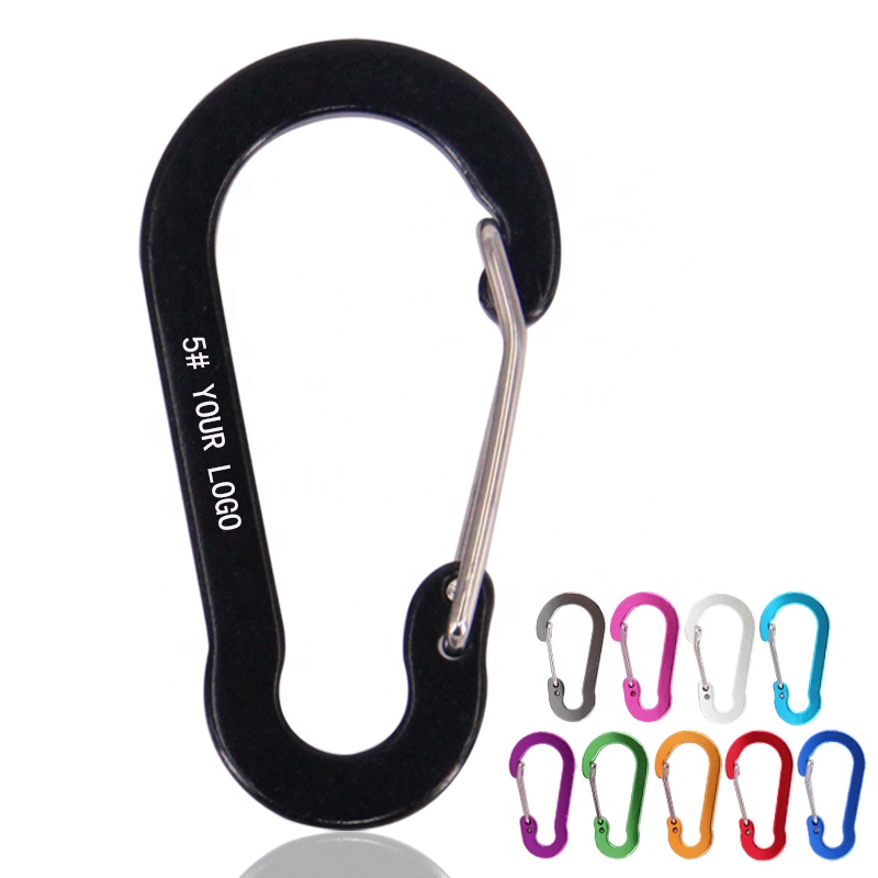 cheap 5 shaped aluminum alloy keyCHAIN engraved logo flat steel wire outdoor camping hiking metal carabiner black hooks