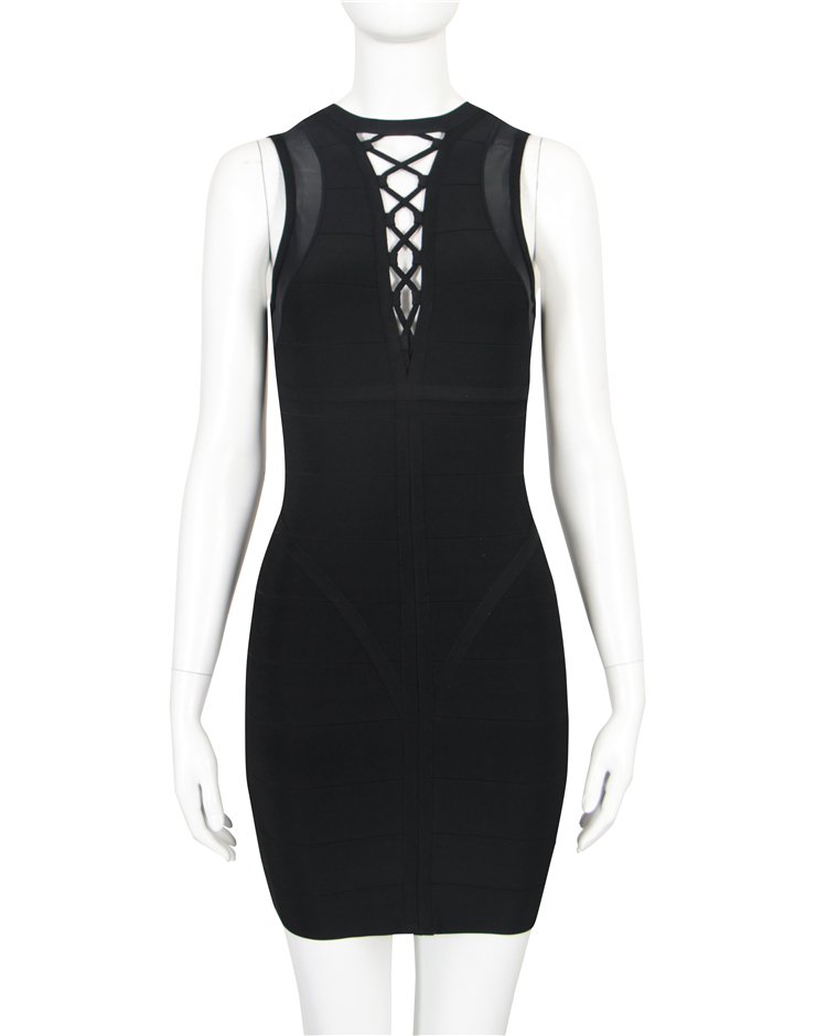 Custom summer ladies sexy sling sleeveless hollow back black party bar casual bandage knitted women's dress