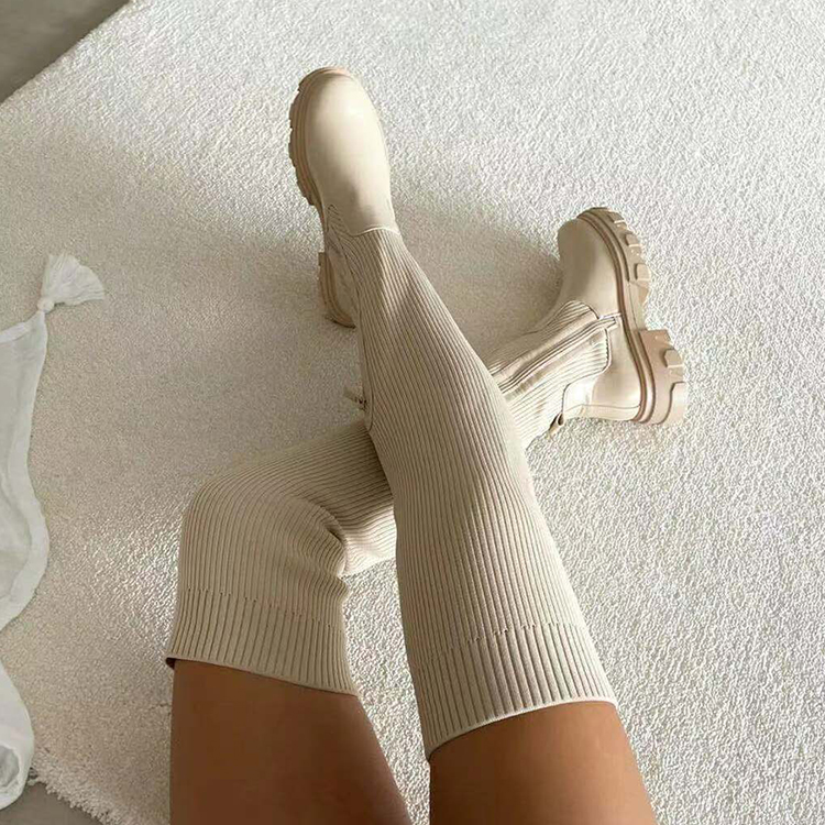 Solid Patchwork Shoes Woman Fashion Fall Winter Artificial PU Knitting Thigh High Over The Knee Boots 2021 for Women