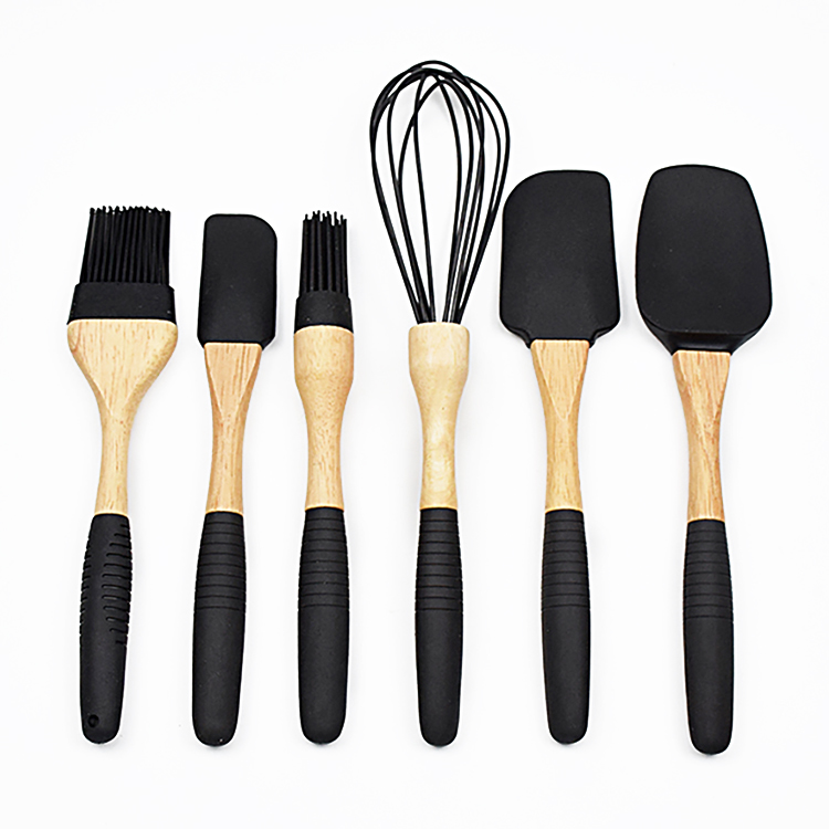 Hot selling Heat Resistant 6 pieces Kitchen Spatula Set kitchen silicone accessories set with wood handle for baking