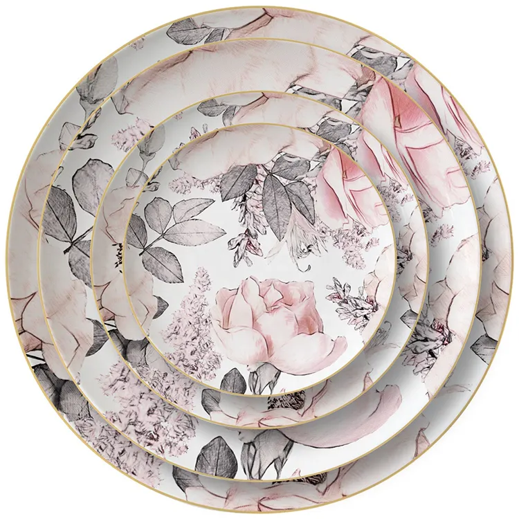 Rose Gold Plates Royal Elegance White Color Bone China Plat Porcelain Dinner Set With Gold Rimmed