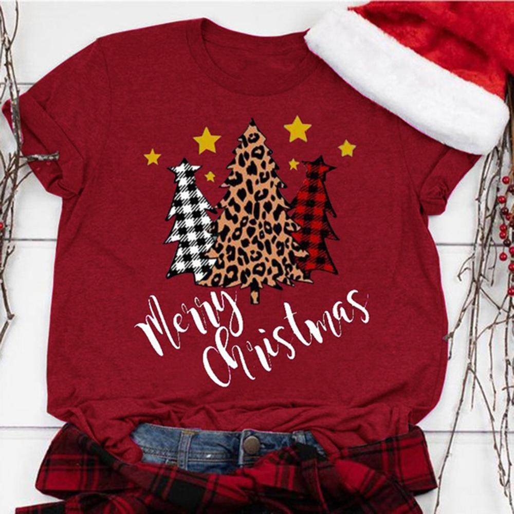 Футболка женская с леопардовым принтом, клетчатая рубашка с надписью Merry Christmas Trees, Рождественская елка