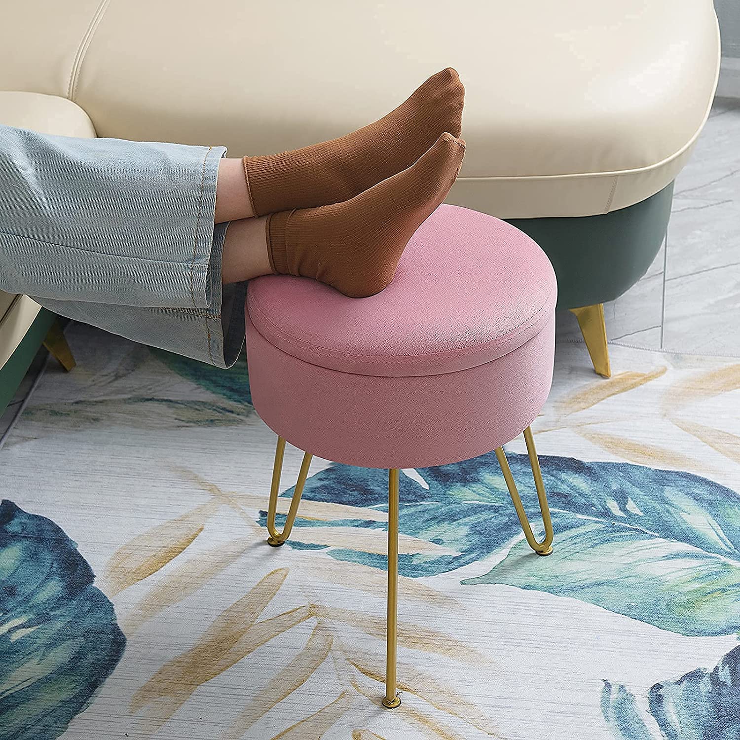 Hot sale Modern Luxury metal ottoman velvet stools home stool Super Soft Round Velvet storage stool ottoman