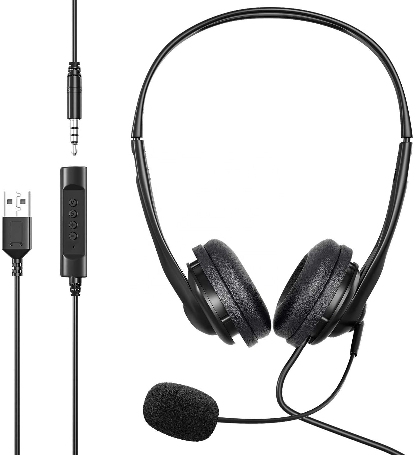 Binaural USB+3.5mm Retractable Computer Noise Cancelling Call Center Headset with Microphone for Laptop/Mobile Phone